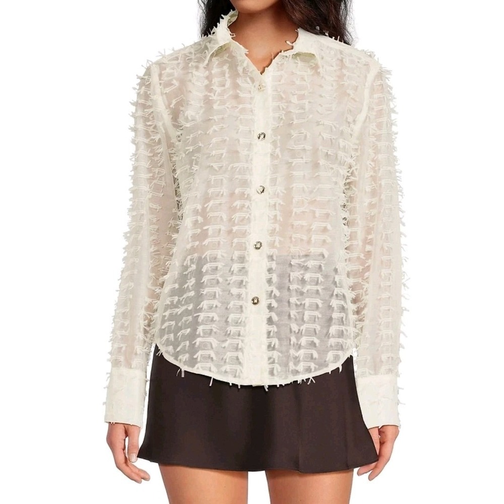 BURU Textured Contrast Collar Button Down Women XL Beige